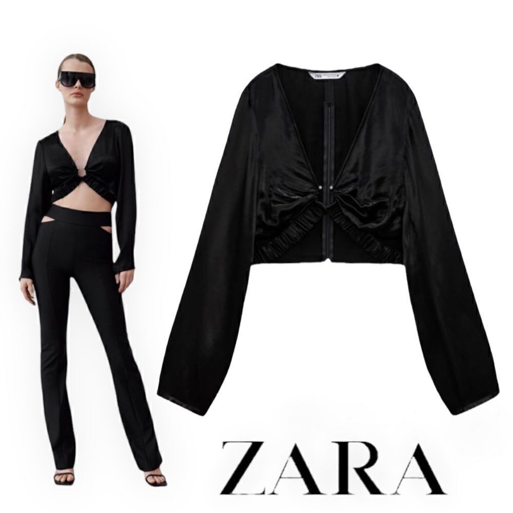 Zara Black Satin Effect Ruched Cutout Long Sleeve Crop Top NWT S
